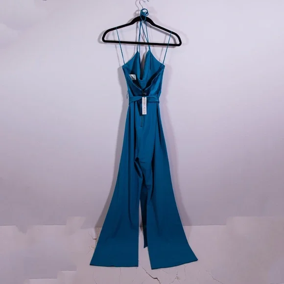 NEW Alice + Olivia Primrose Cowl Neck Halter Satin Jumpsuit Jumper Ocean Blue 2